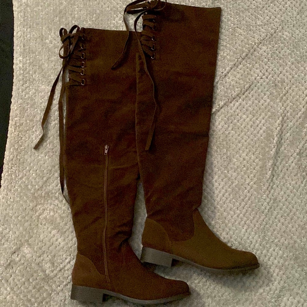 Shoedazzle Over the knee, brown boots w/ lace up and zipper. Never worn